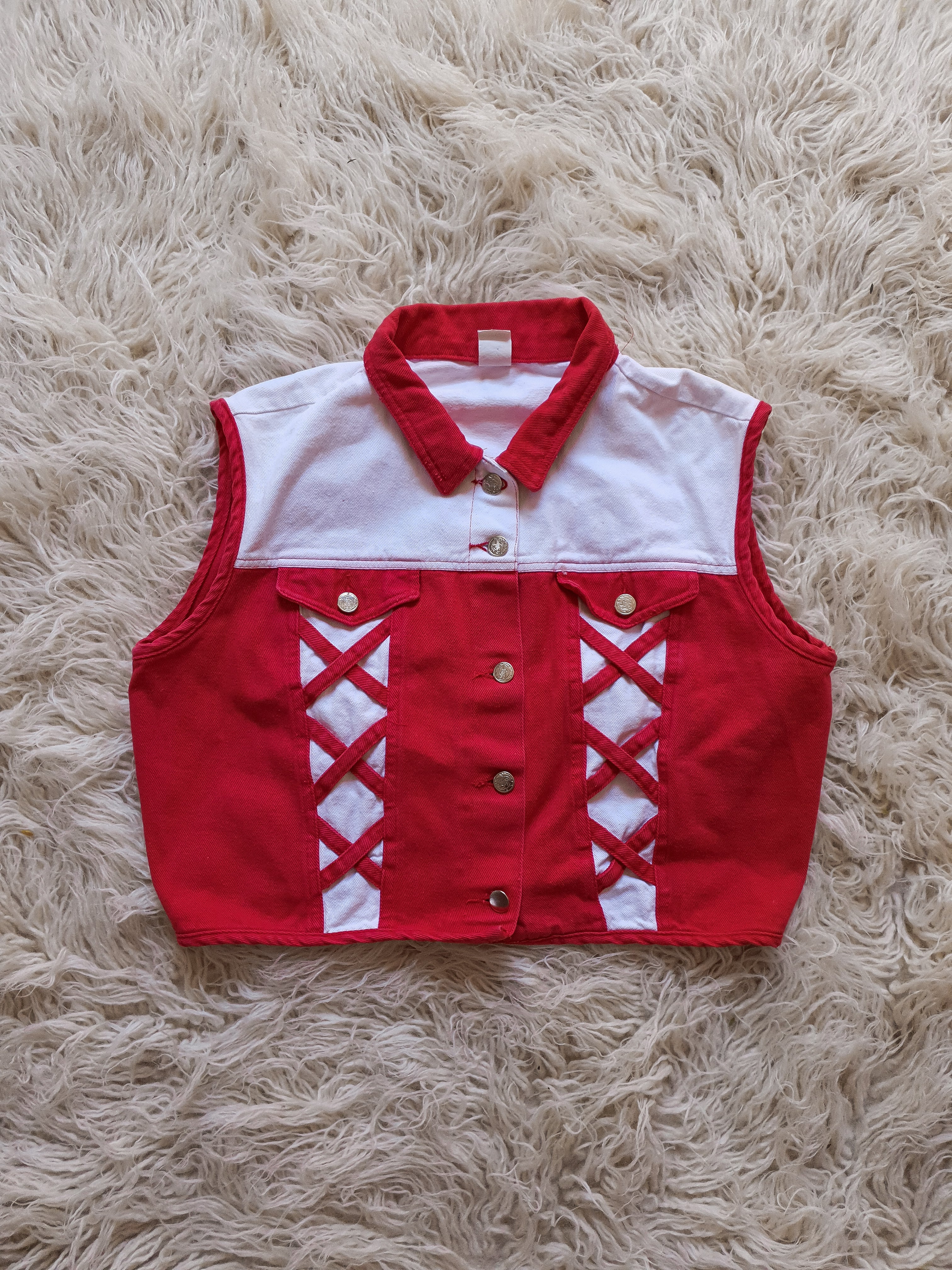 Vintage 1980s Red & White Western Denim Vest