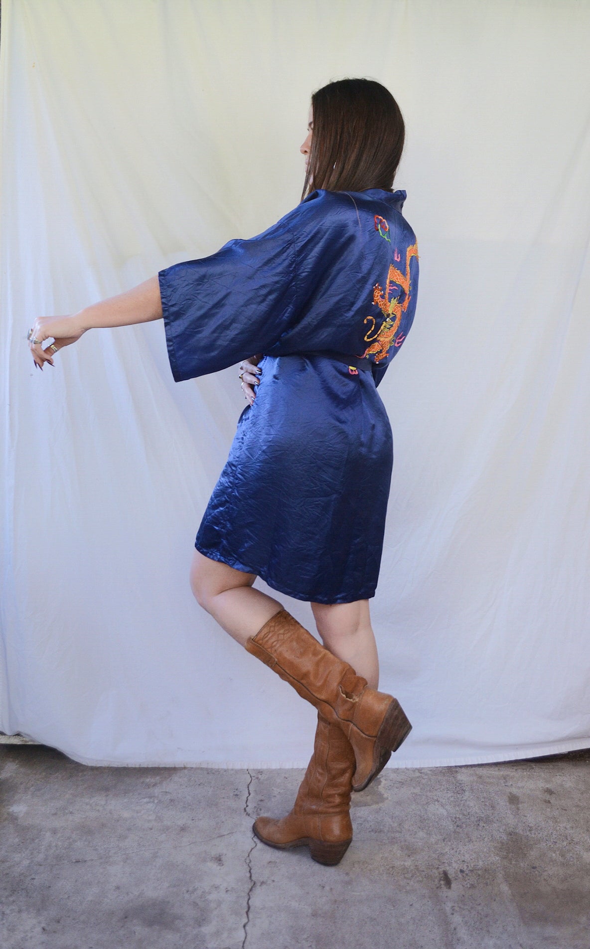 Vintage Navy Embroidered Silky Dragon Robe