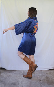 Vintage Navy Embroidered Silky Dragon Robe