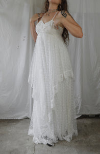 Vintage 1970s Lace Handkerchief Maxi Wedding Dress