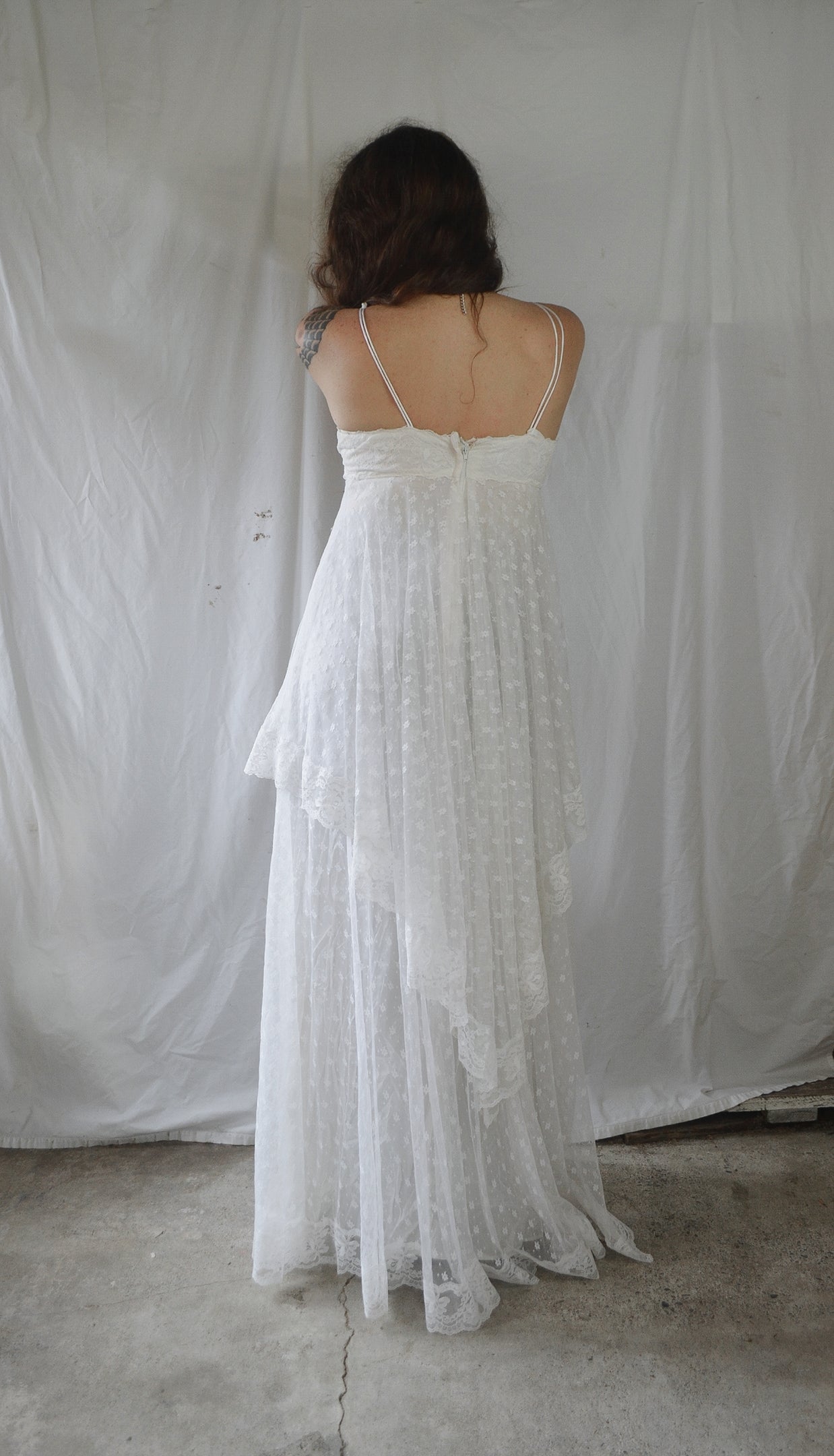 Vintage 1970s Lace Handkerchief Maxi Wedding Dress