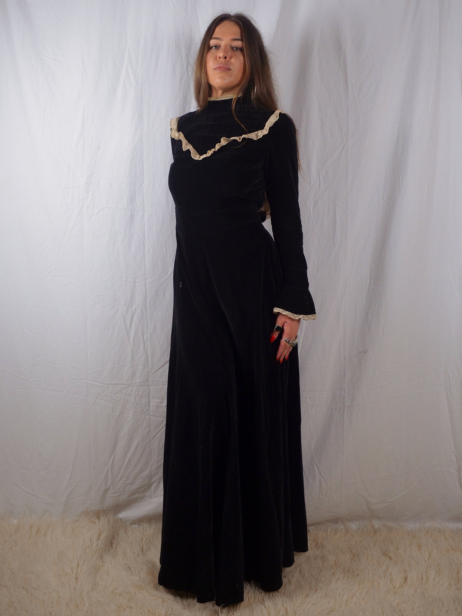 Vintage 1970s Black Cotton Velvet Edwardian Revival Maxi Prairie Dress