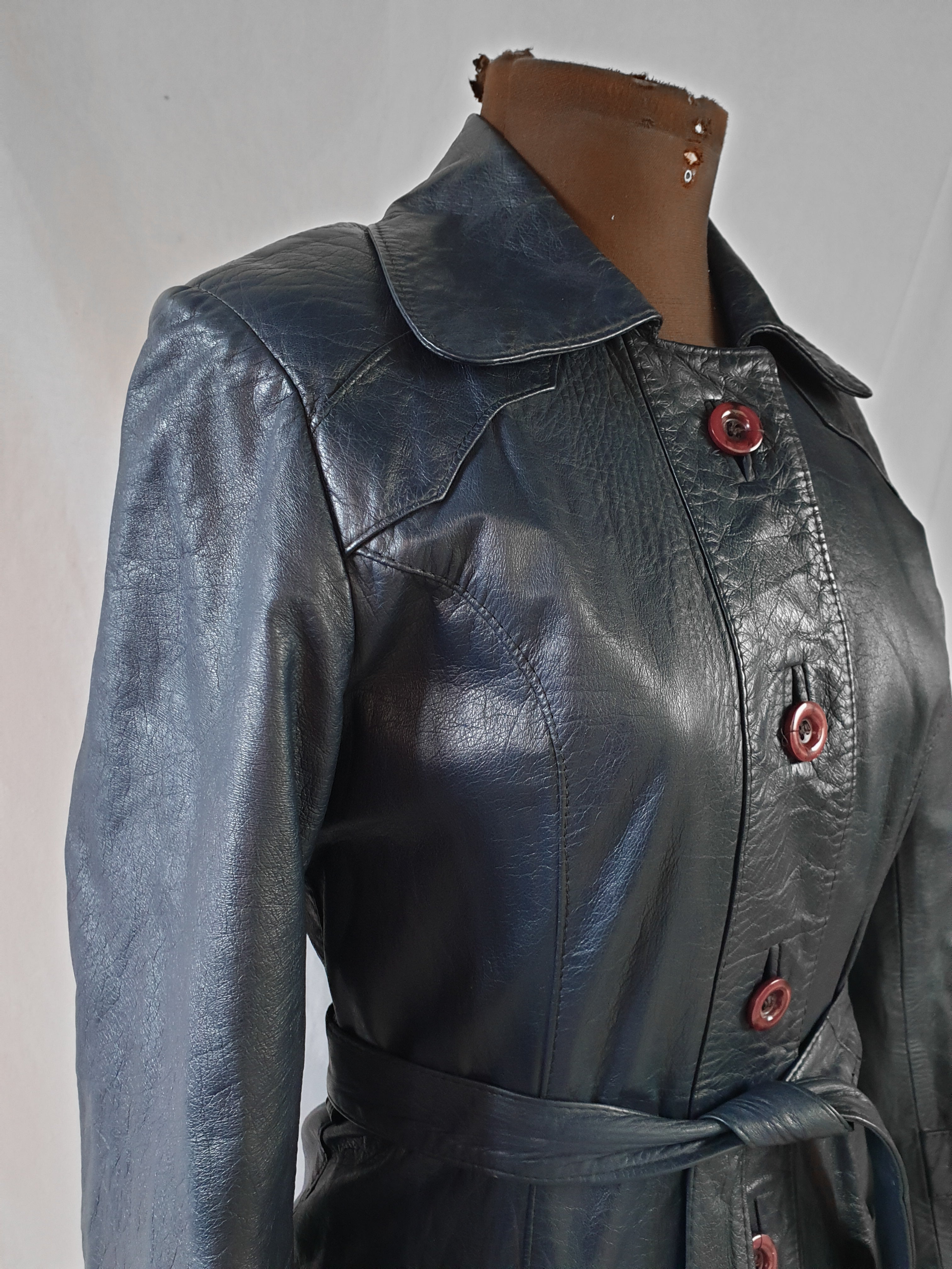 Vintage Navy Leather 'Espagna' Trench Coat