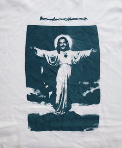 Handprinted 'I only get on my knees for Jesus/LEMMY' White Cropped Raglan Tee