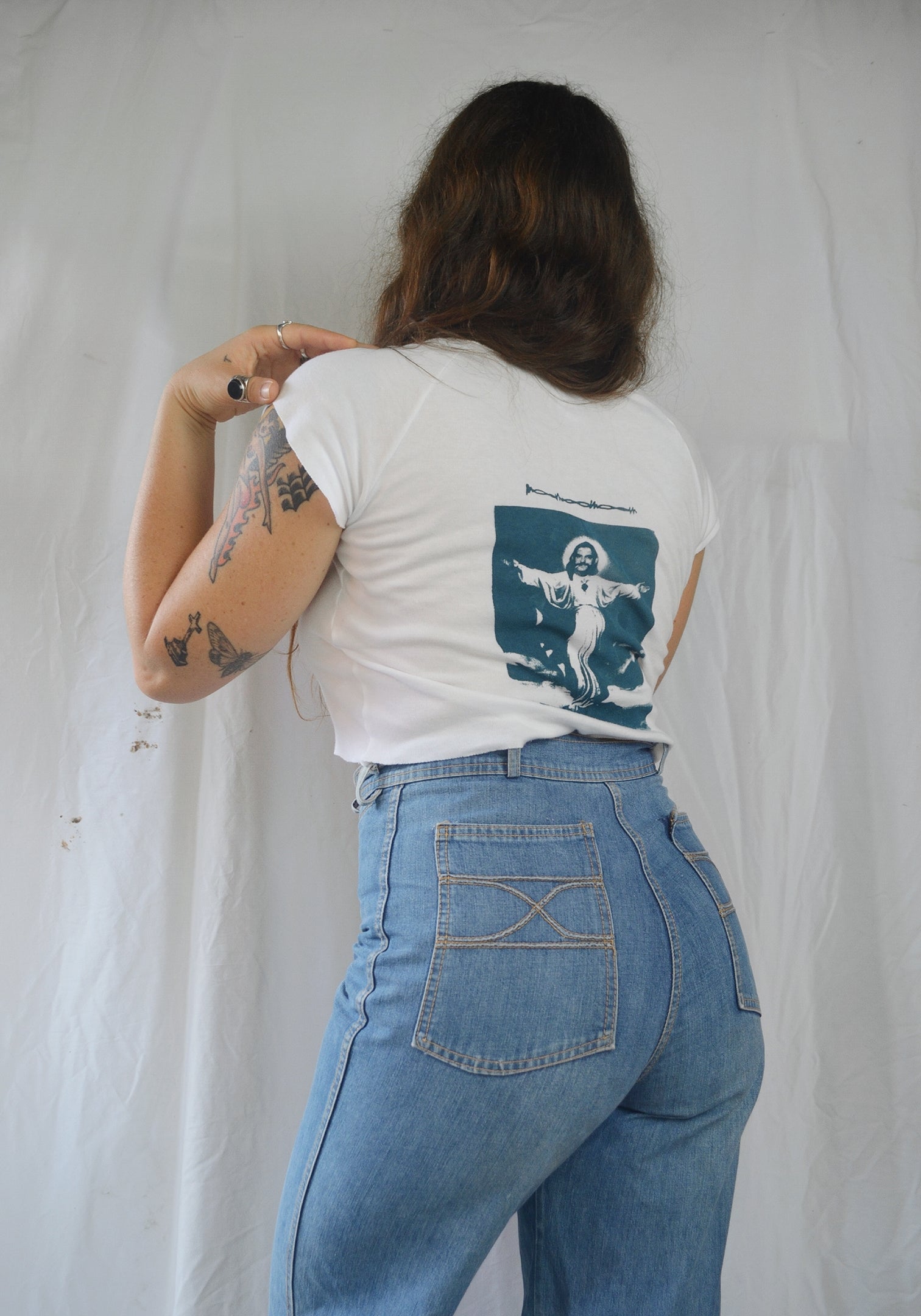 Handprinted 'I only get on my knees for Jesus/LEMMY' White Cropped Raglan Tee