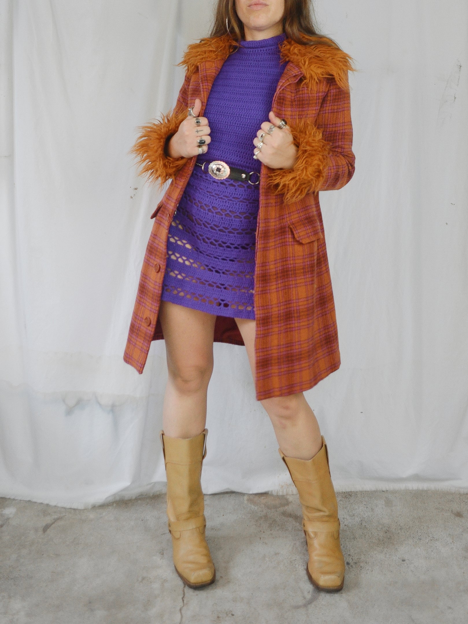 Vintage 1990s/00s Plaid Wool &  Faux Fur Coat