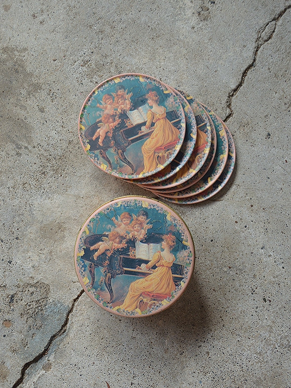 Vintage 1980/90s Tin of x6 Cherub Angel Cupid Renaissance Coasters