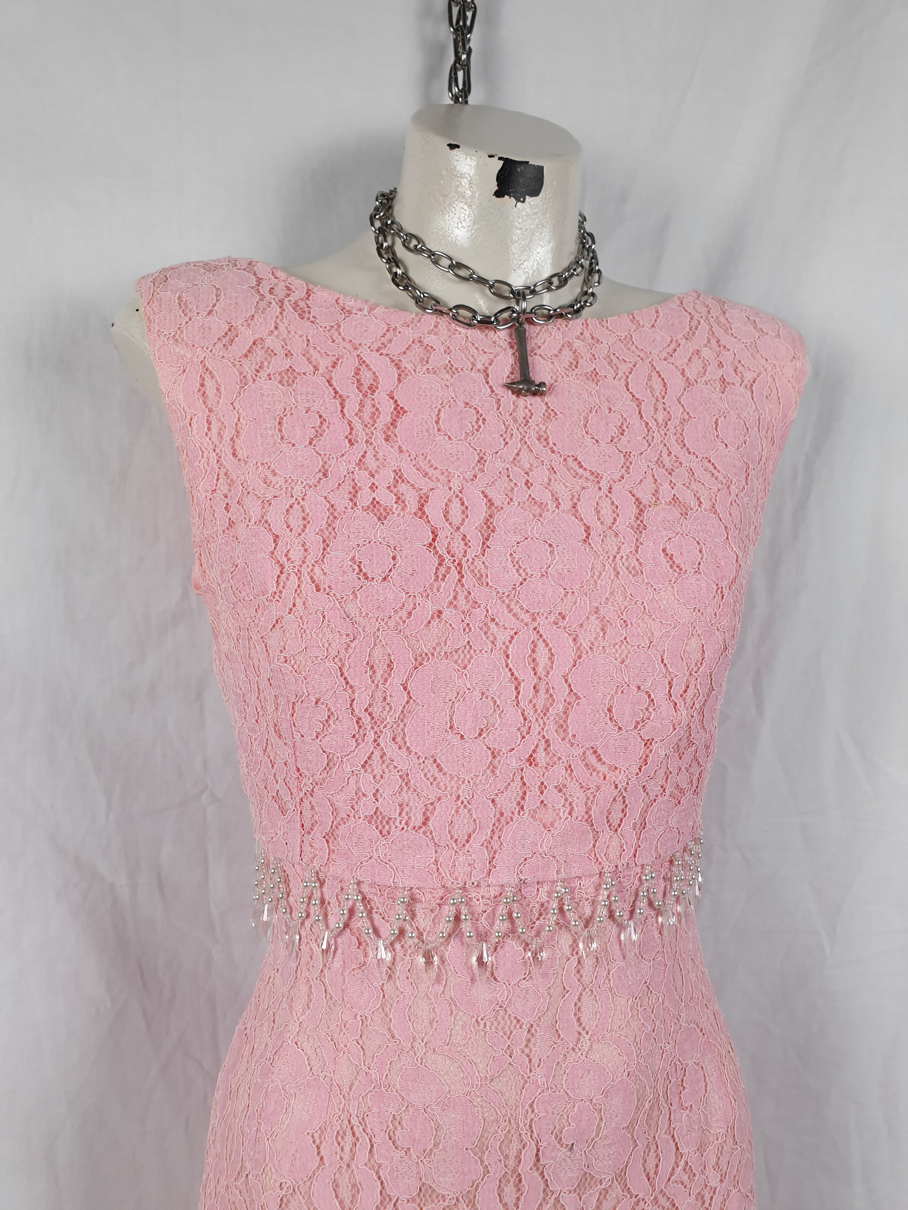 Vintage 1960s/70s Pink Lace Beaded Maxi Dress