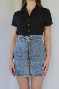 Vintage 80s Acid Wash Zip Front Denim Mini Skirt