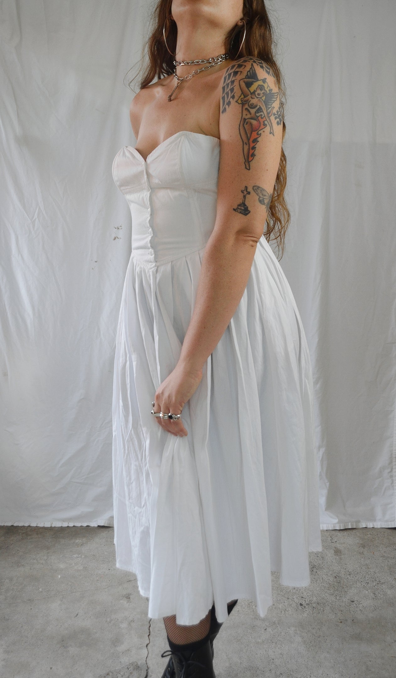 Vintage 1980s Strapless White Midi Dress