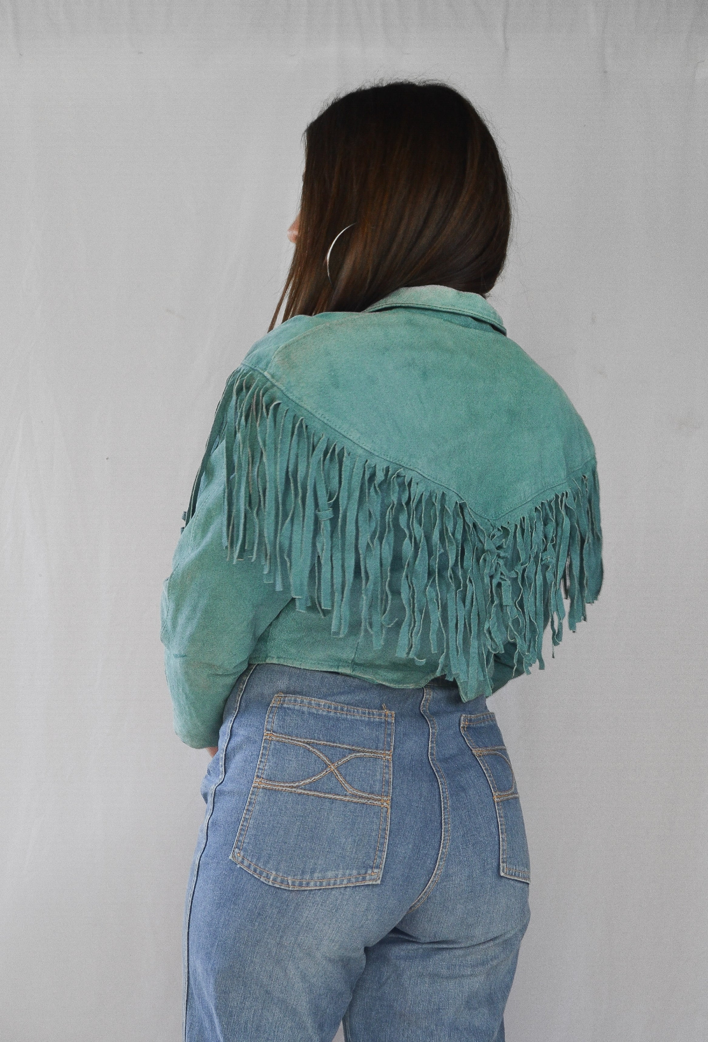 Studded Turquoise Suede Fringe Jacket