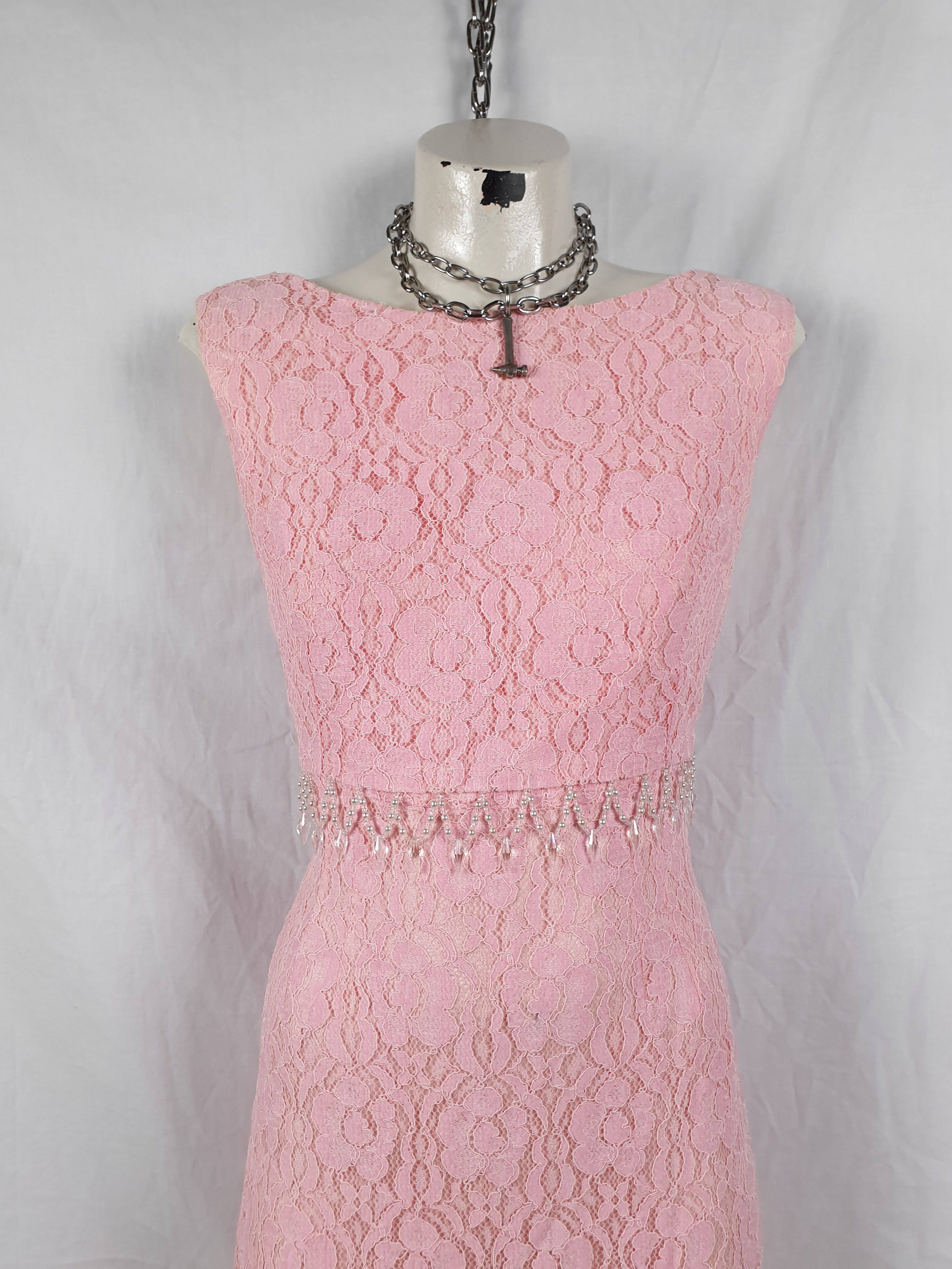 Vintage 1960s/70s Pink Lace Beaded Maxi Dress