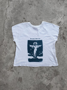 Handprinted 'I only get on my knees for Jesus/LEMMY' White Cropped Raglan Tee