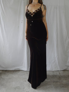 Vintage 1990s Brown Velvet 'Gerry Shaw' Rose Maxi Dress