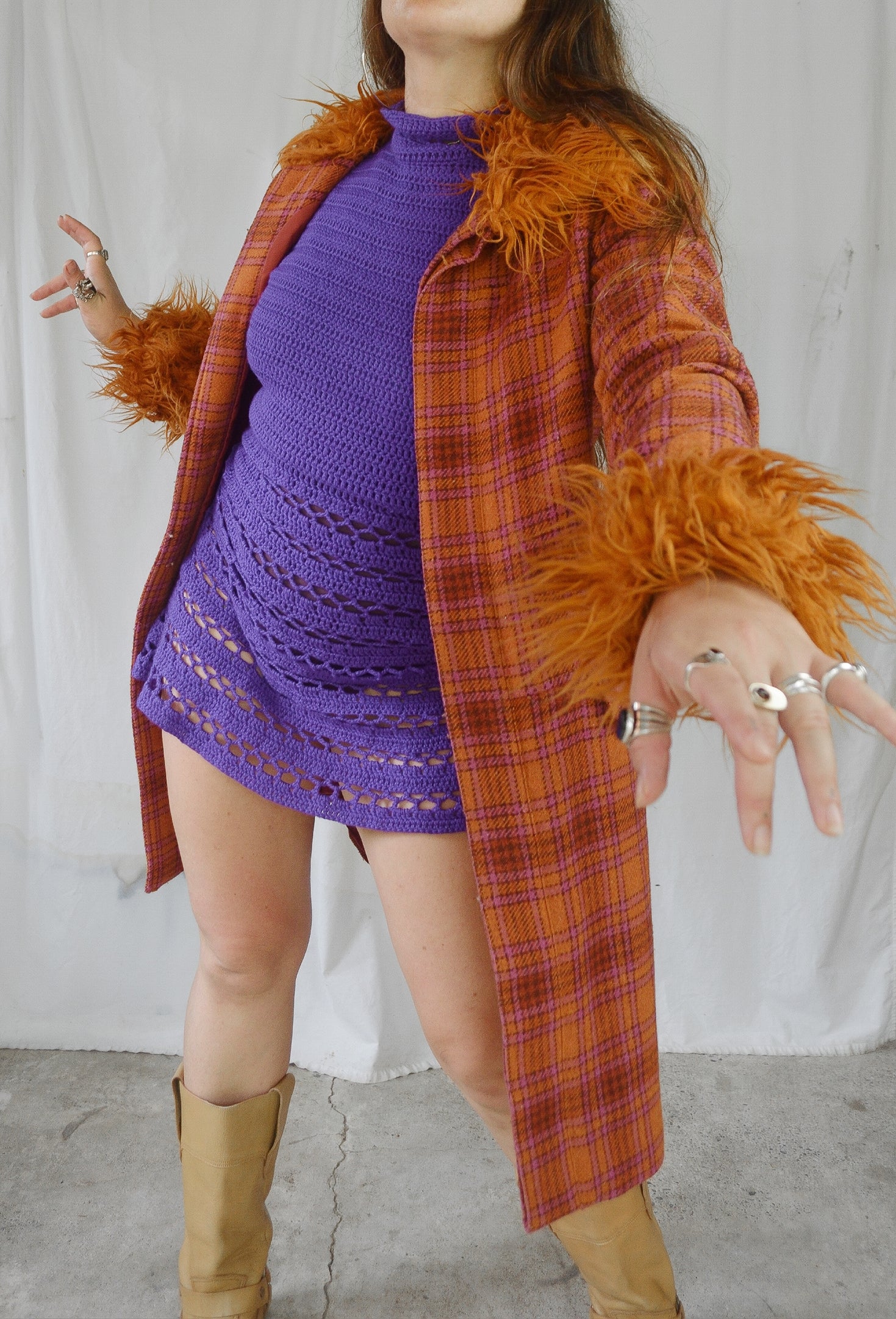 Vintage 1990s/00s Plaid Wool &  Faux Fur Coat