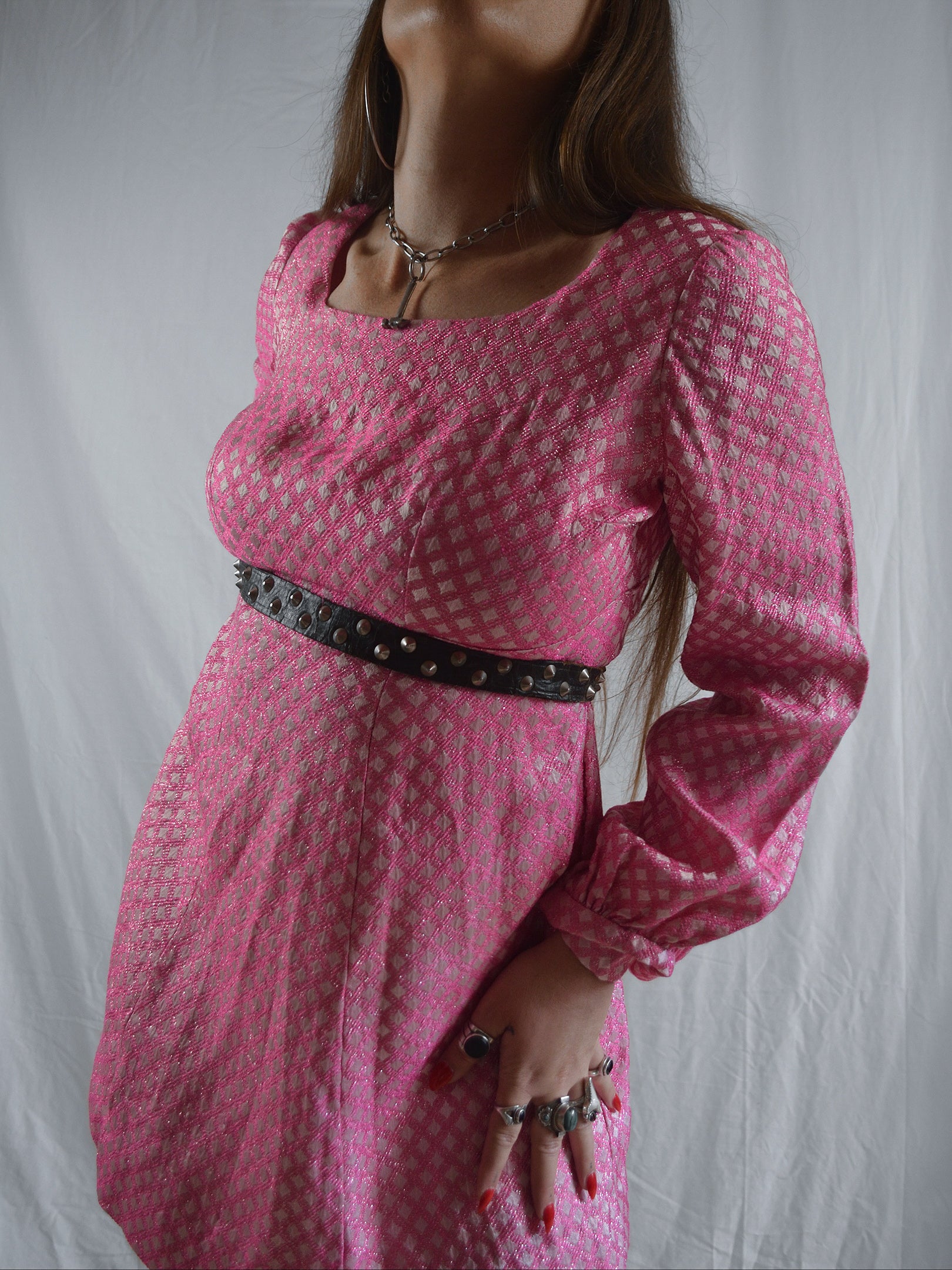 Vintage 1970s Empire Waist Pink & Silver Diamond Mini Dress