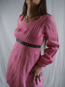Vintage 1970s Empire Waist Pink & Silver Diamond Mini Dress