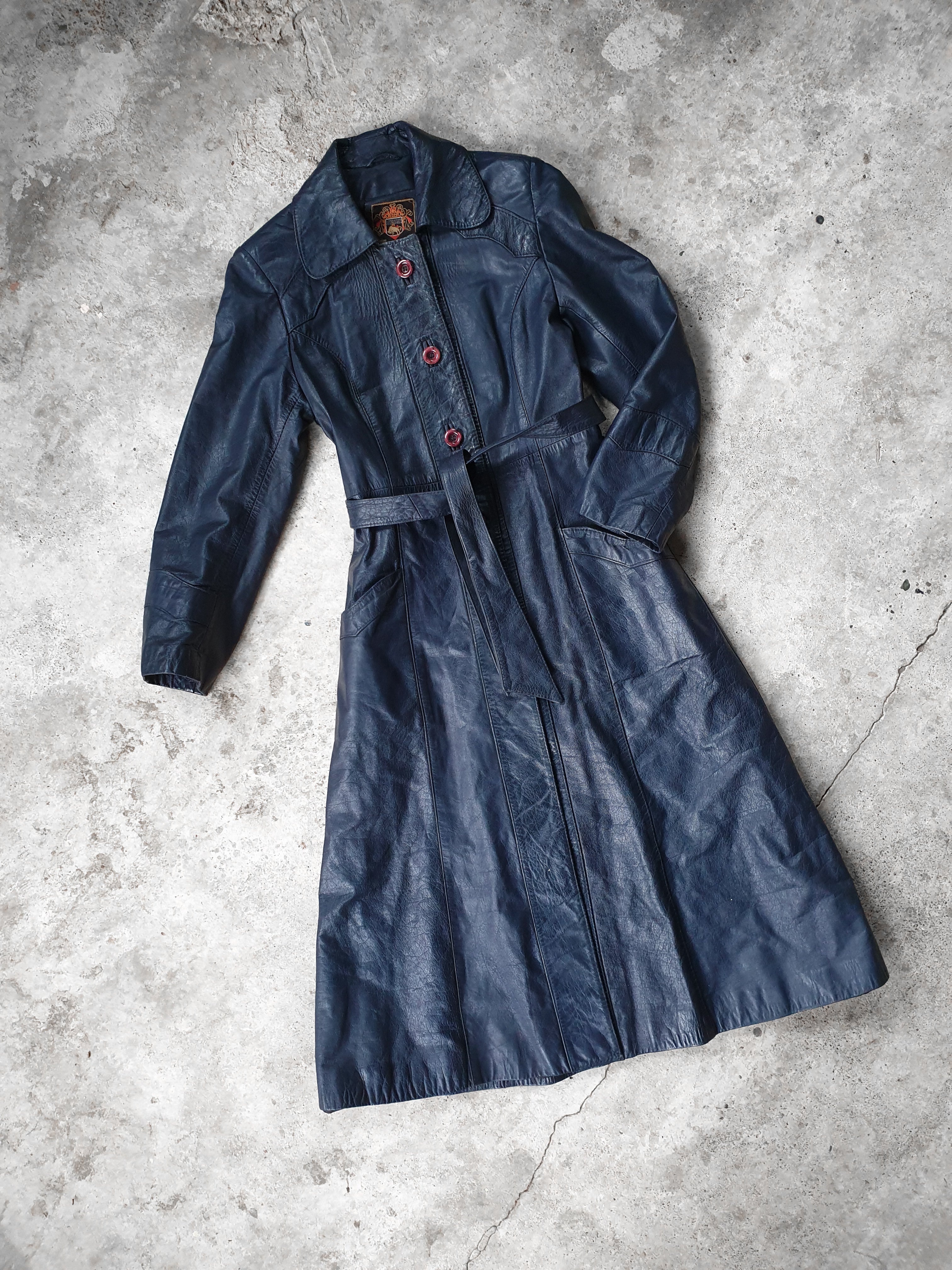 Vintage Navy Leather 'Espagna' Trench Coat