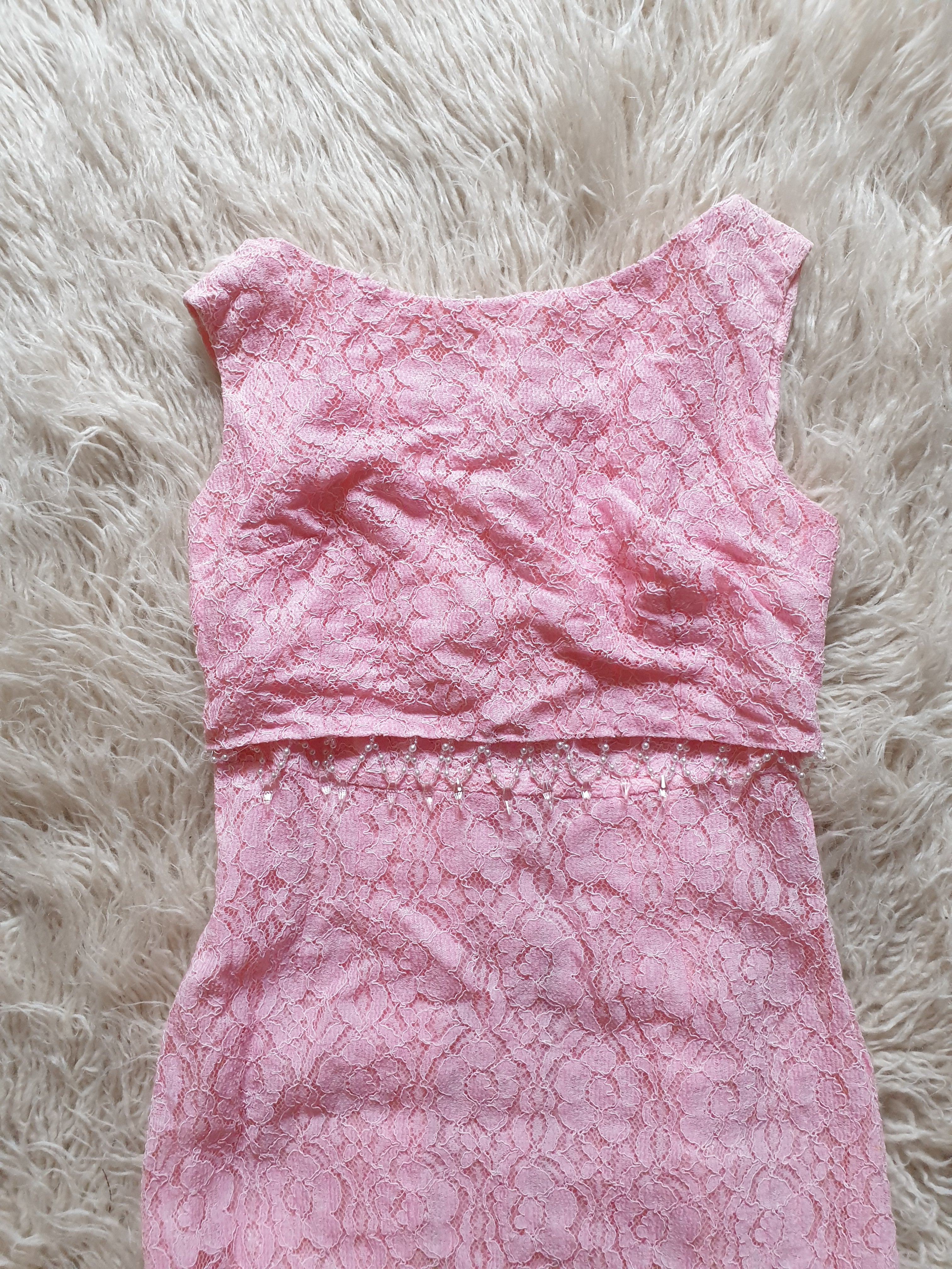 Vintage 1960s/70s Pink Lace Beaded Maxi Dress