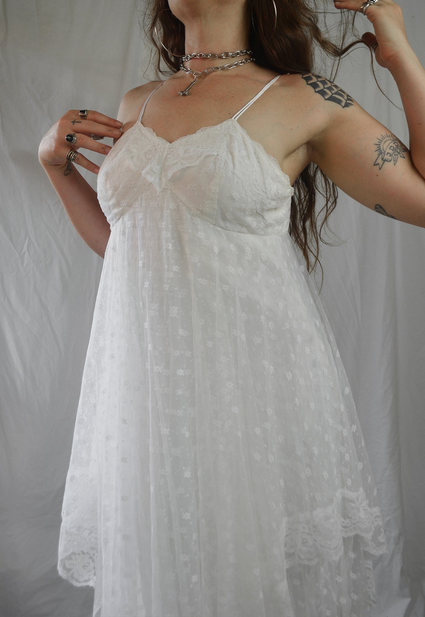 Vintage 1970s Lace Handkerchief Maxi Wedding Dress