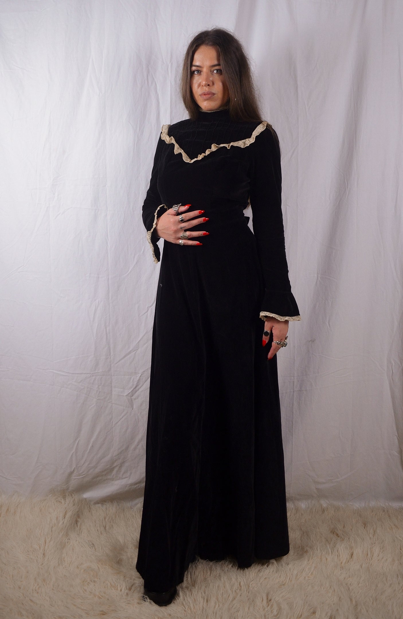 Vintage 1970s Black Cotton Velvet Edwardian Revival Maxi Prairie Dress