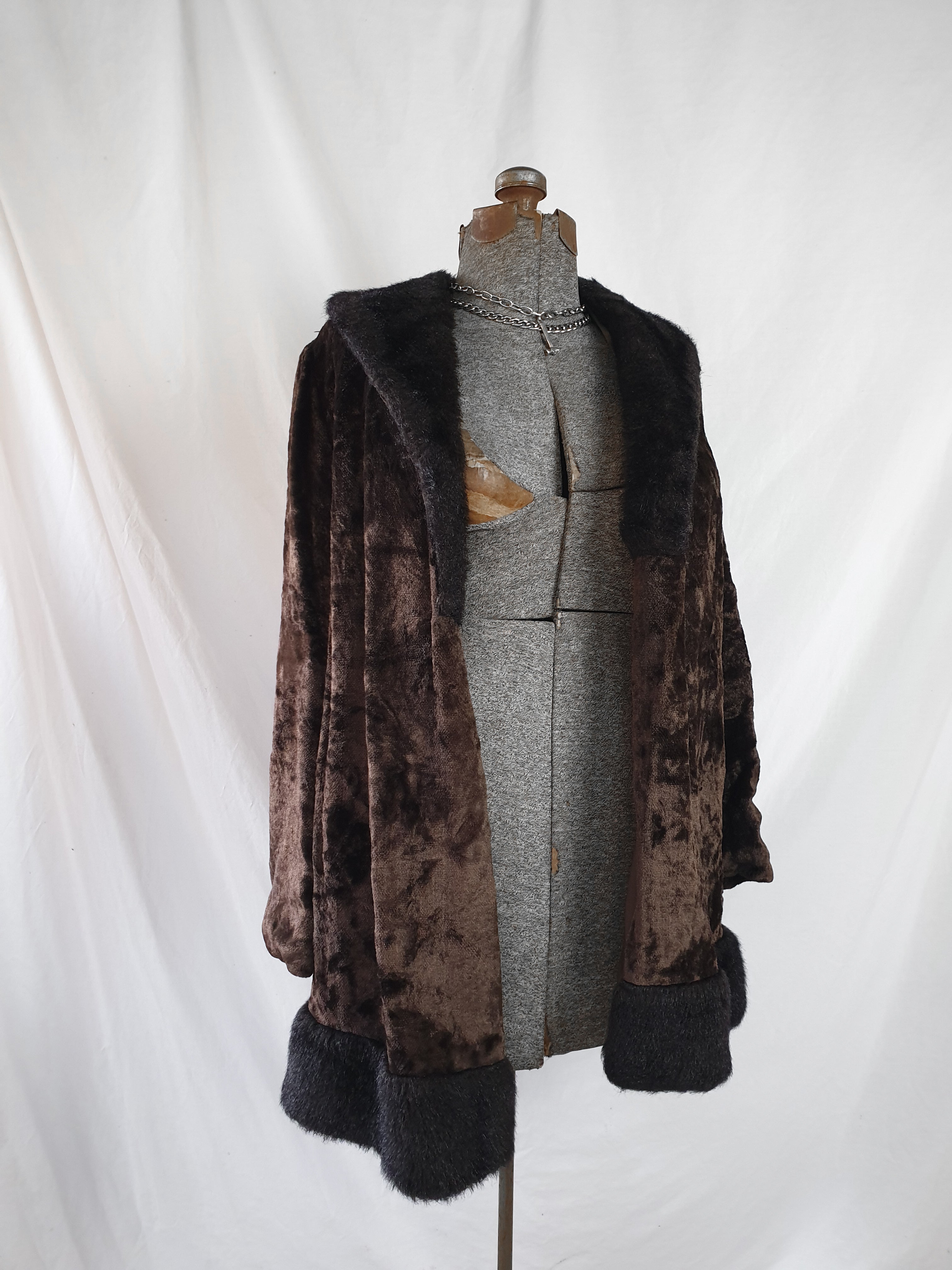 Vintage Chocolate Brown Faux Fur & Velvet Coat