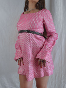 Vintage 1970s Empire Waist Pink & Silver Diamond Mini Dress