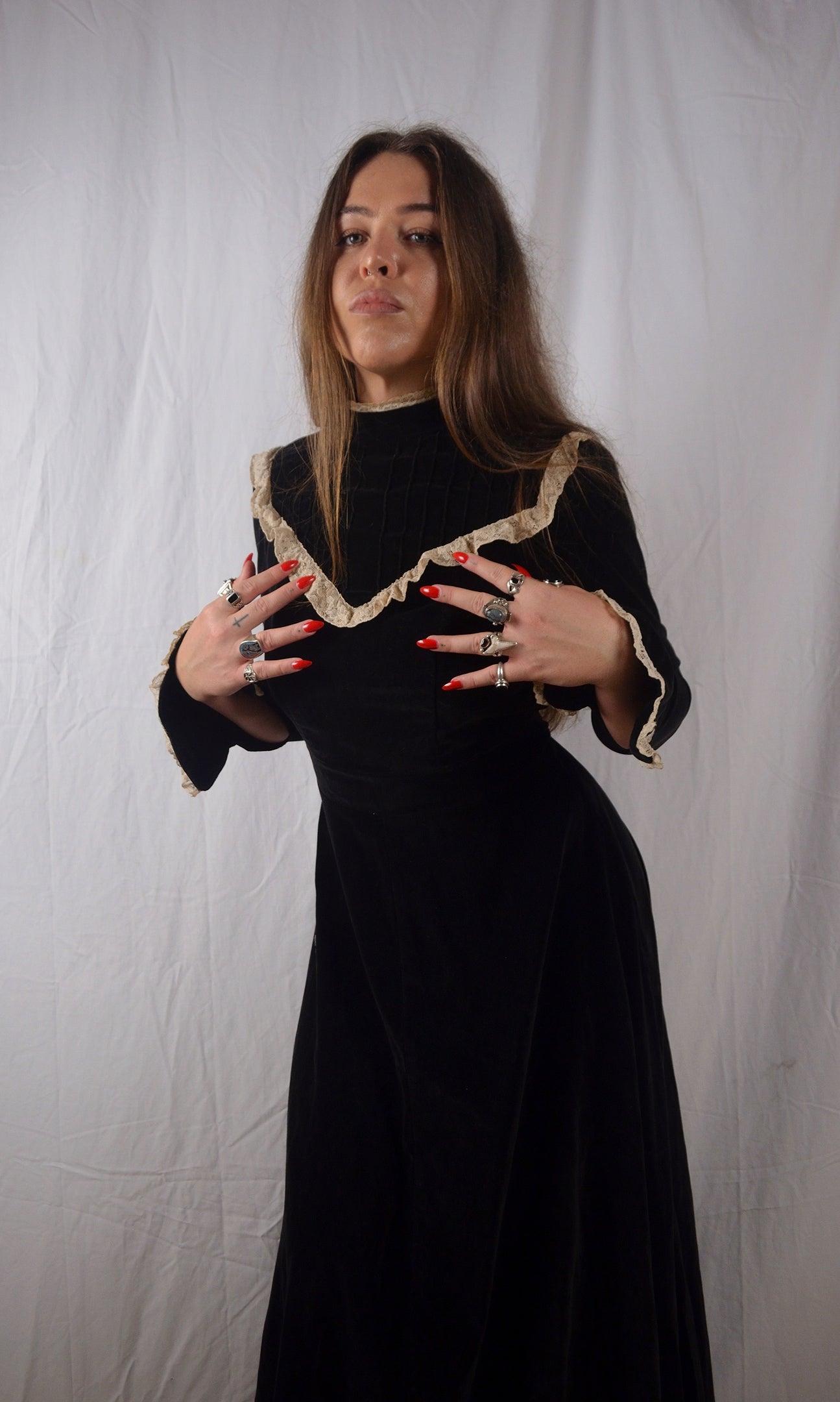 Vintage 1970s Black Cotton Velvet Edwardian Revival Maxi Prairie Dress