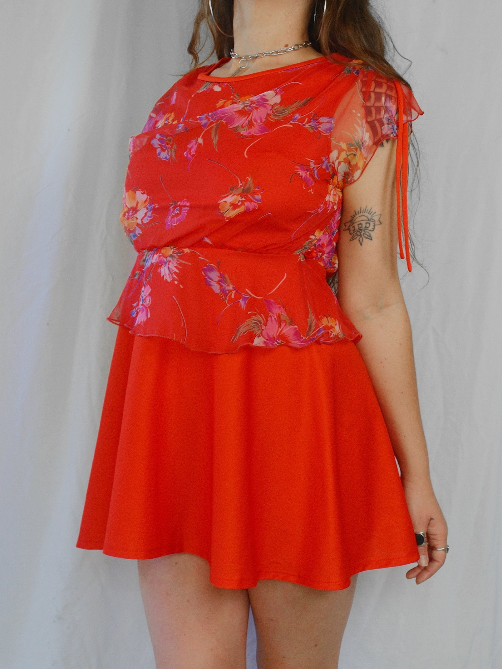 Vintage 1970s Red Floral Mini Dress