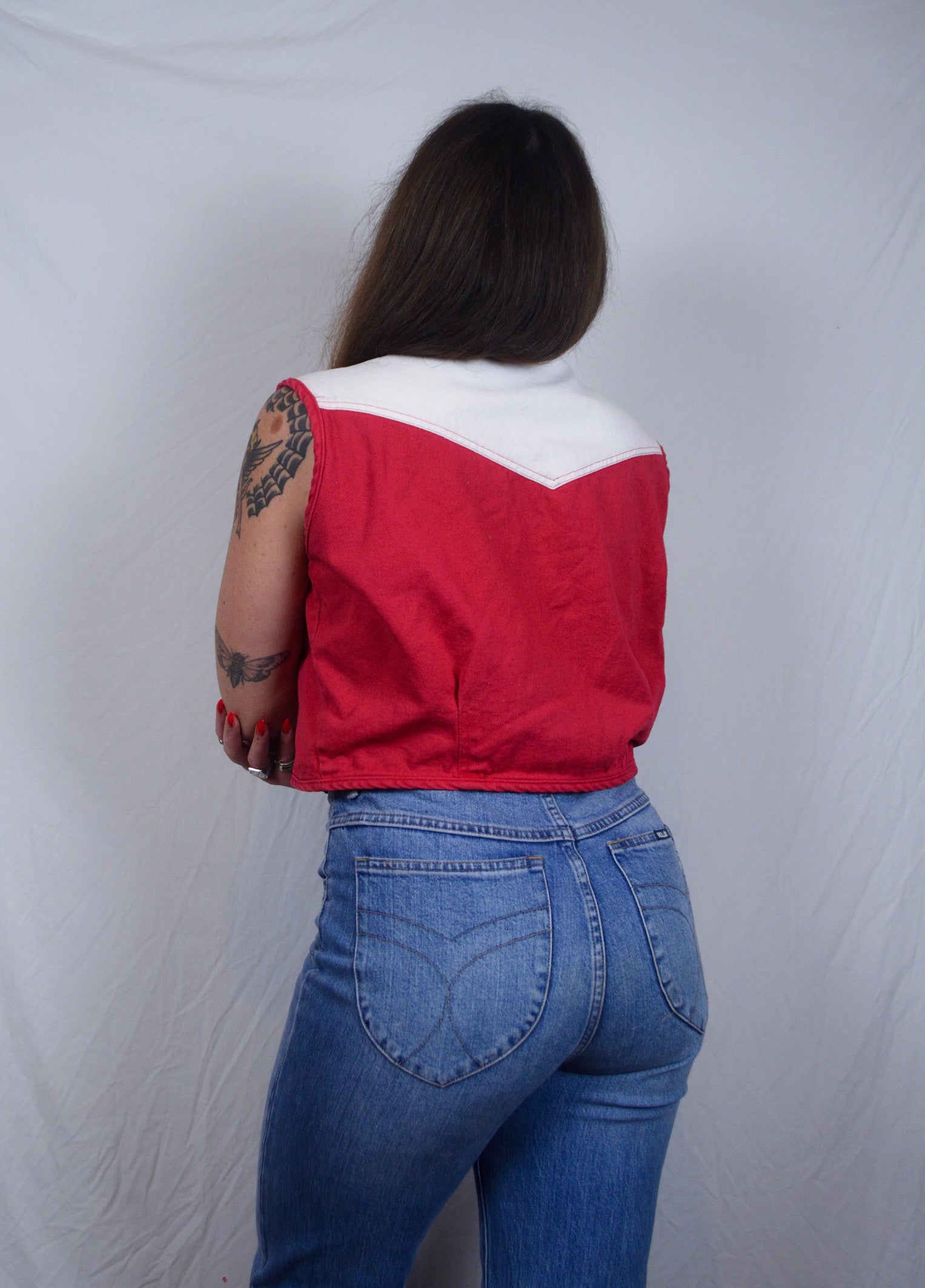 Vintage 1980s Red & White Western Denim Vest