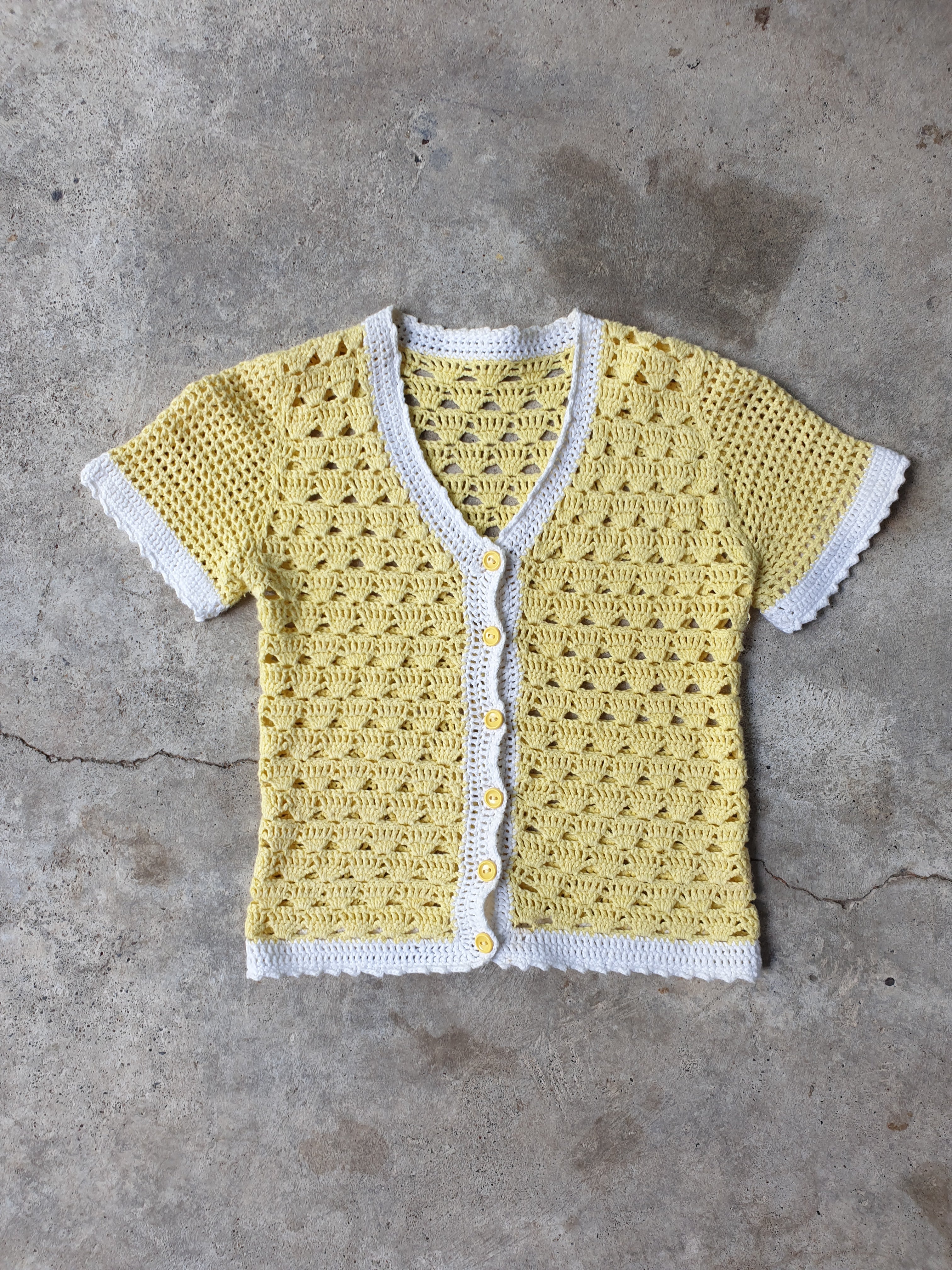 Vintage Yellow Crochet Button Up Crop Top