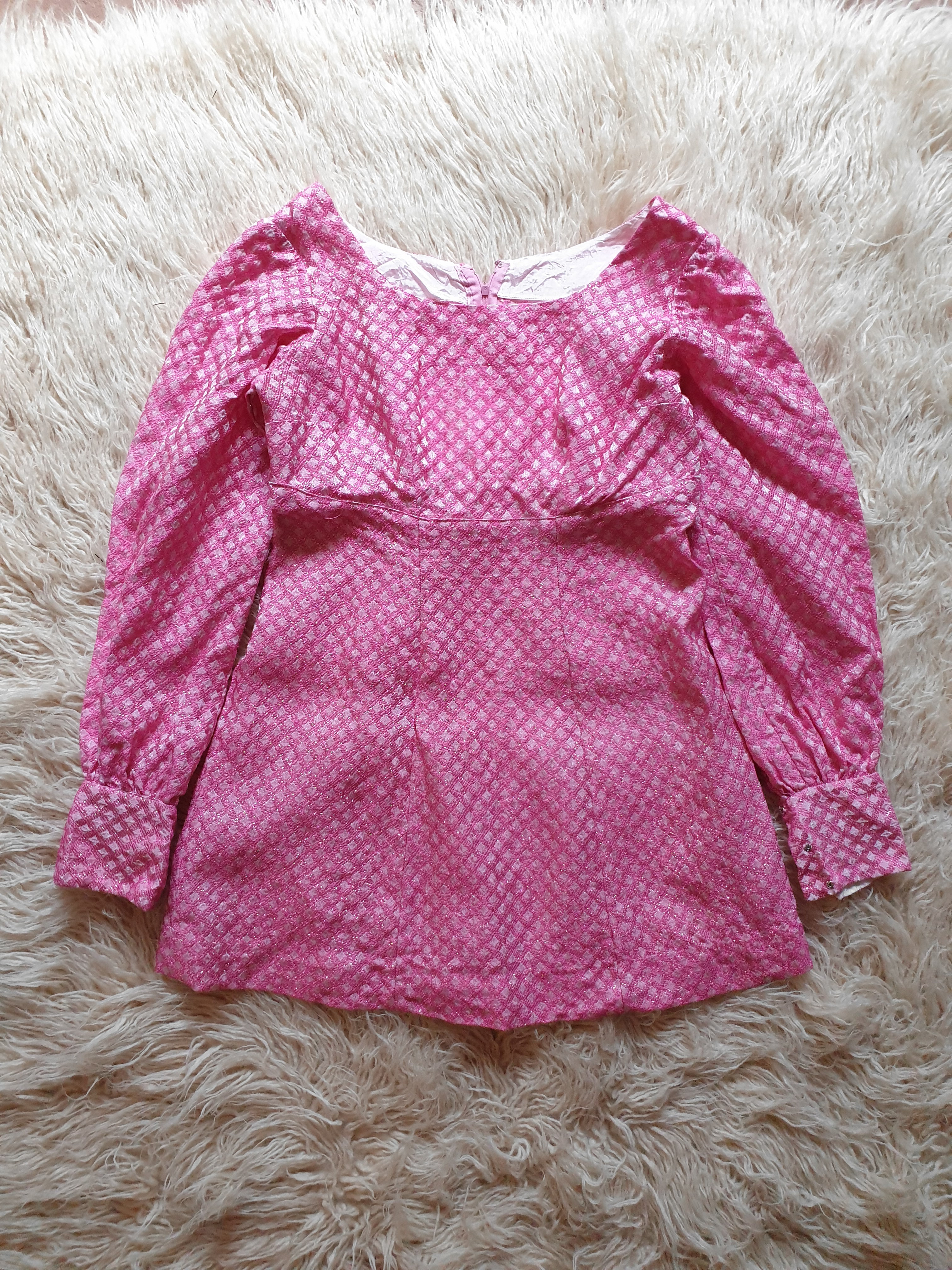 Vintage 1970s Empire Waist Pink & Silver Diamond Mini Dress