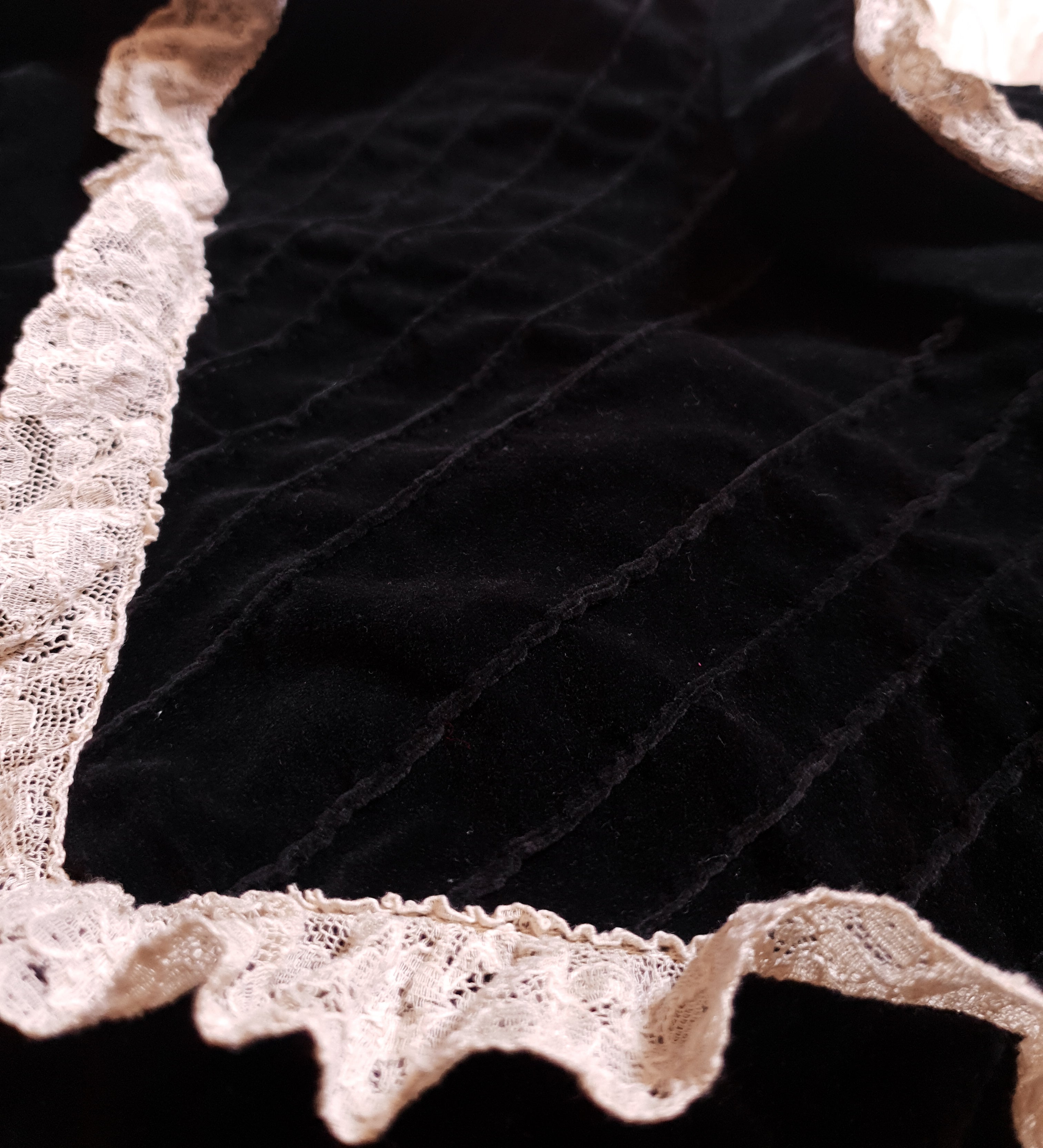 Vintage 1970s Black Cotton Velvet Edwardian Revival Maxi Prairie Dress