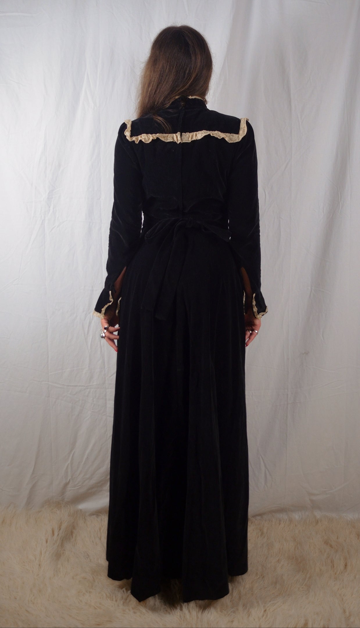 Vintage 1970s Black Cotton Velvet Edwardian Revival Maxi Prairie Dress