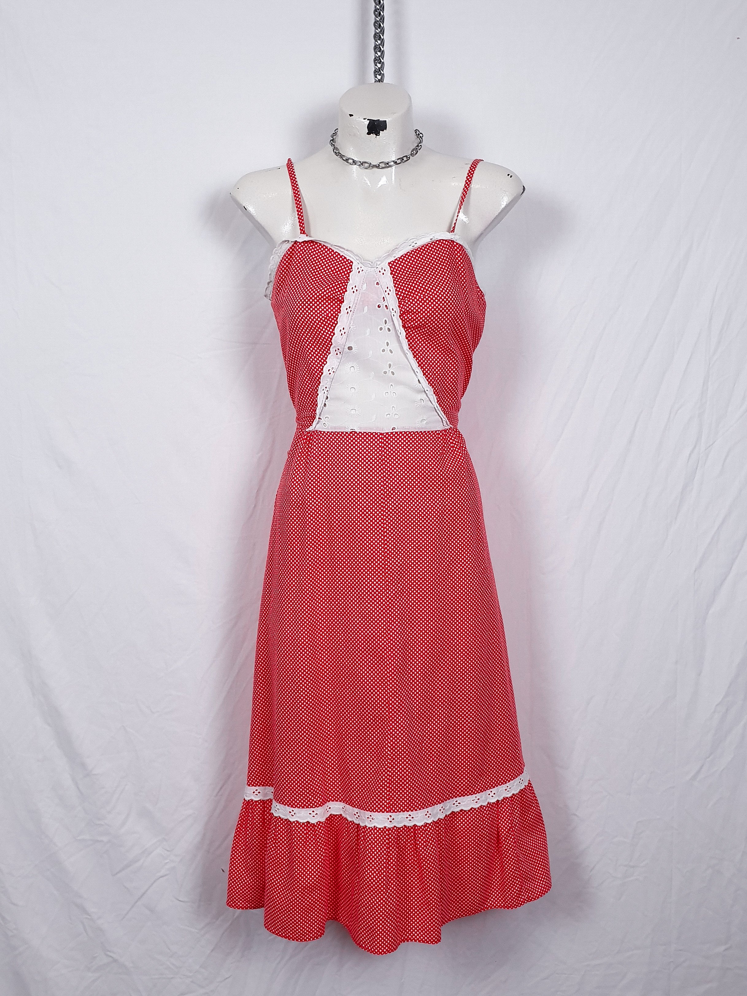 Vintage 1970s Red & White Spotty Midi Dress