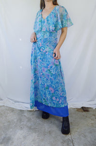 Vintage 1970s Purple & Blue Floral Chiffon Cape Maxi Dress