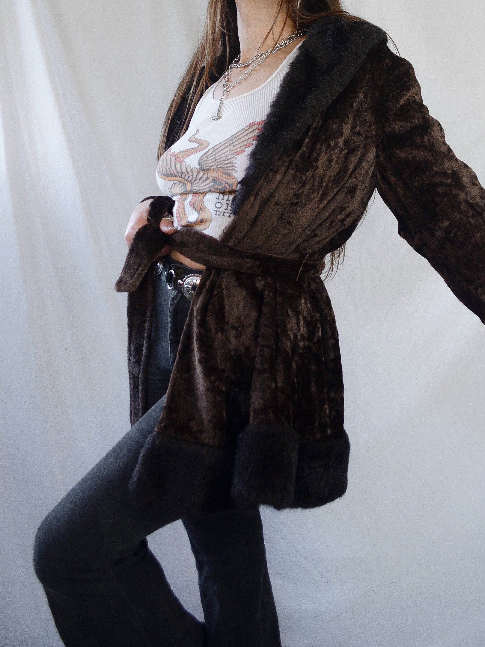 Vintage Chocolate Brown Faux Fur & Velvet Coat