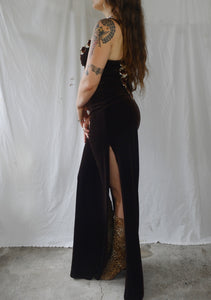 Vintage 1990s Brown Velvet 'Gerry Shaw' Rose Maxi Dress