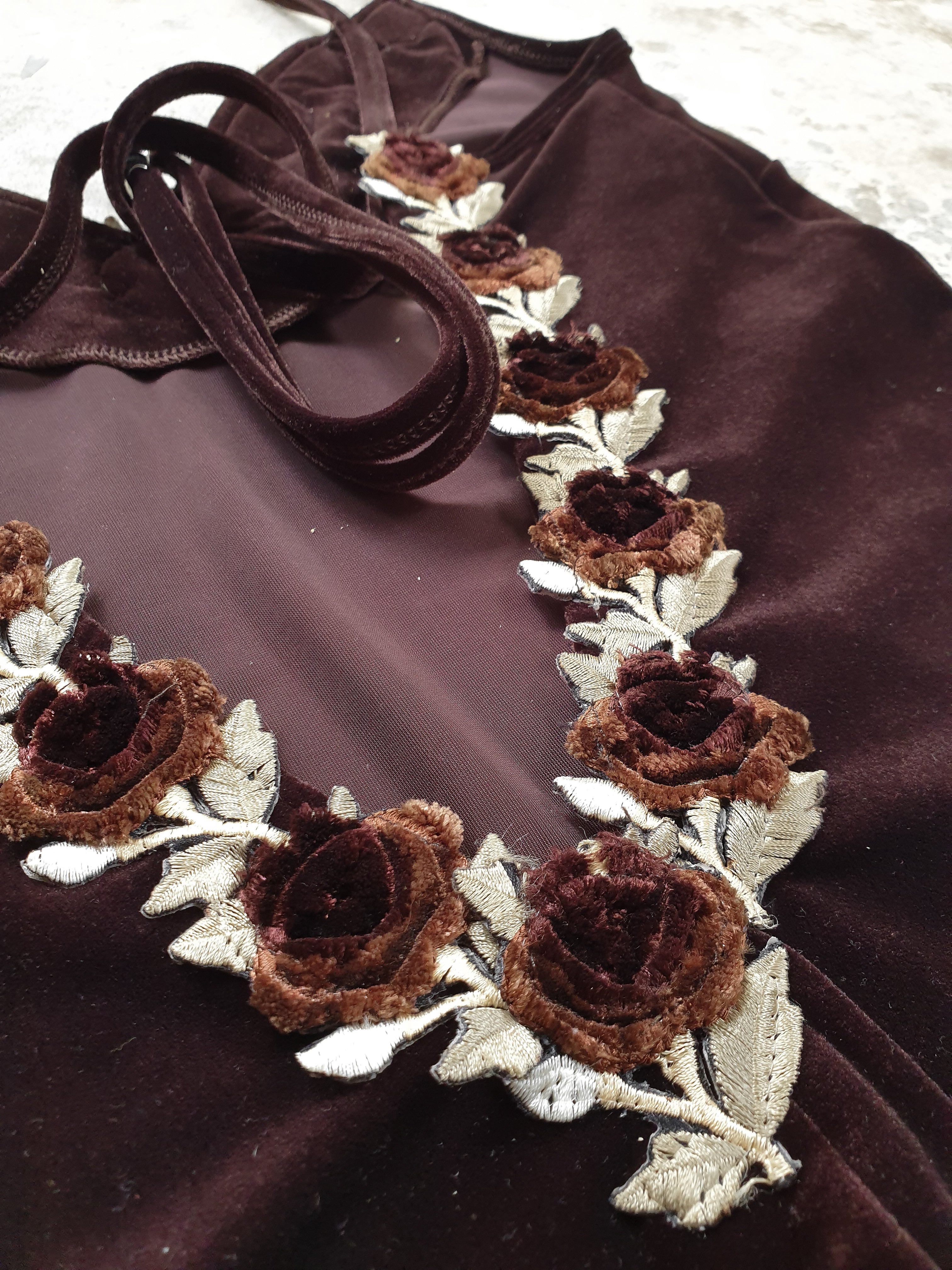 Vintage 1990s Brown Velvet 'Gerry Shaw' Rose Maxi Dress