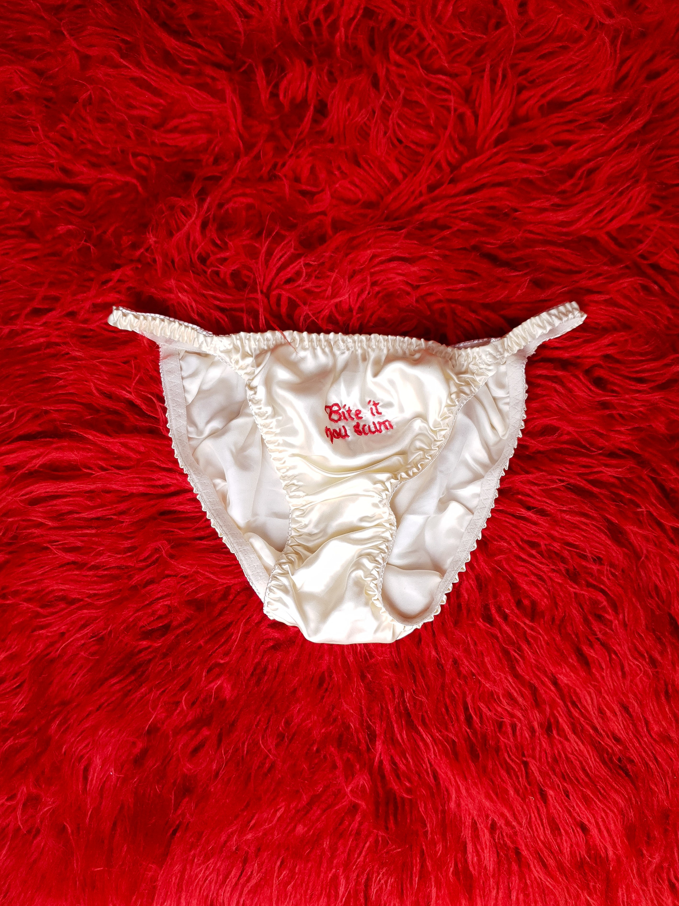 Off White 100% silk hand embroidered 'Bite it you scum' knickers
