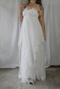 Vintage 1970s Lace Handkerchief Maxi Wedding Dress