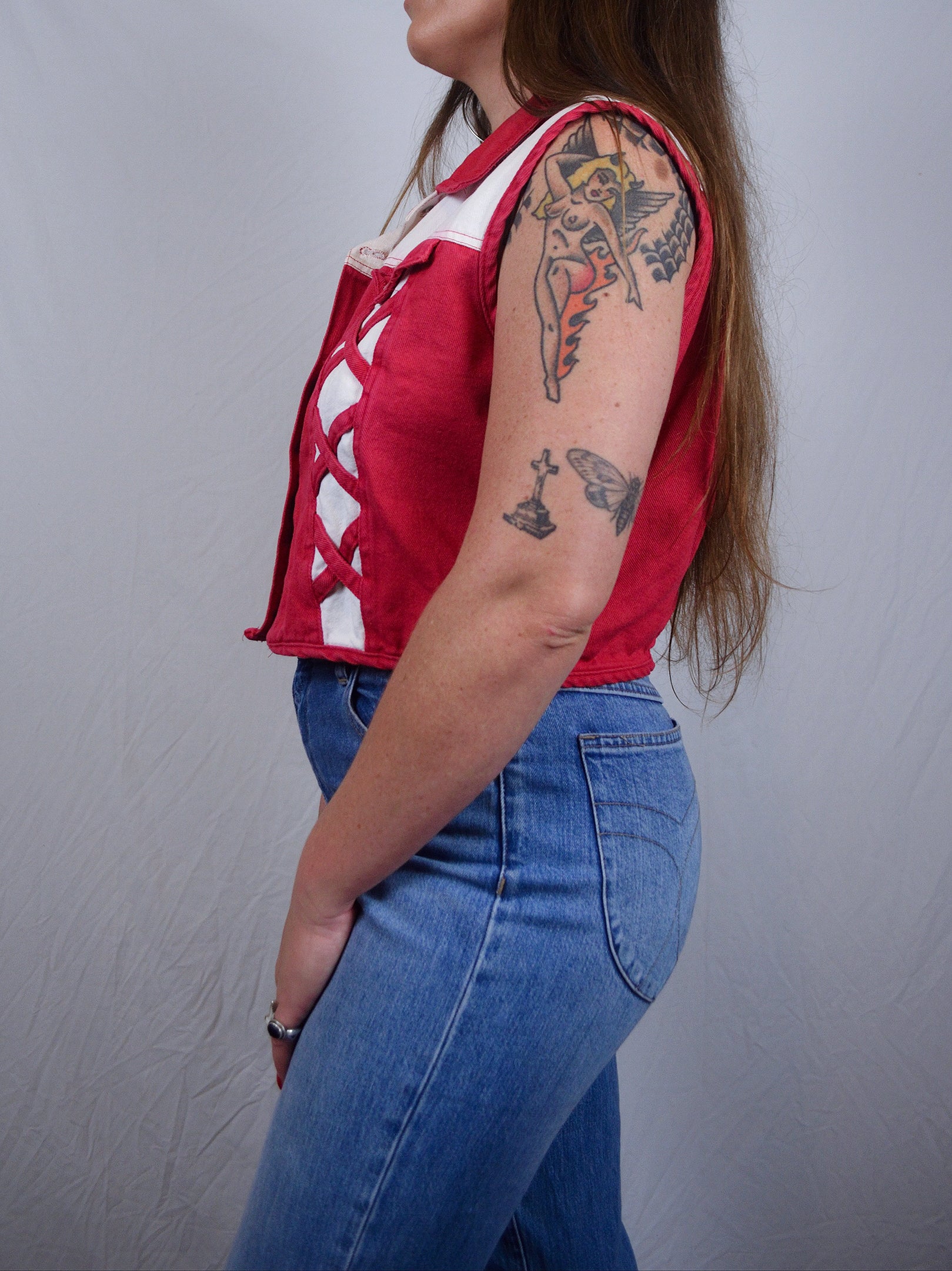 Vintage 1980s Red & White Western Denim Vest