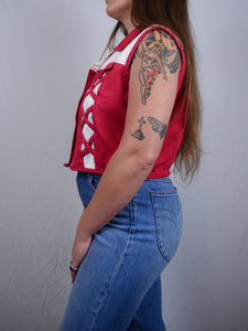 Vintage 1980s Red & White Western Denim Vest