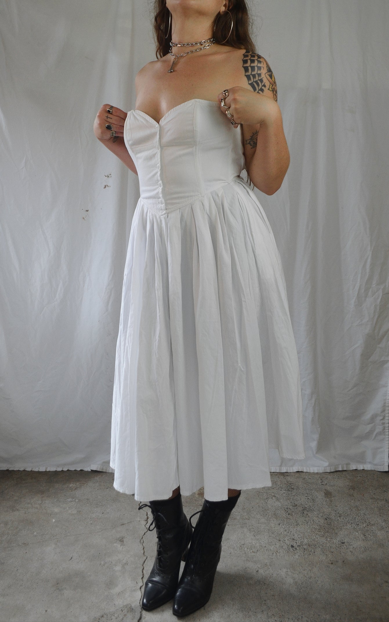 Vintage 1980s Strapless White Midi Dress