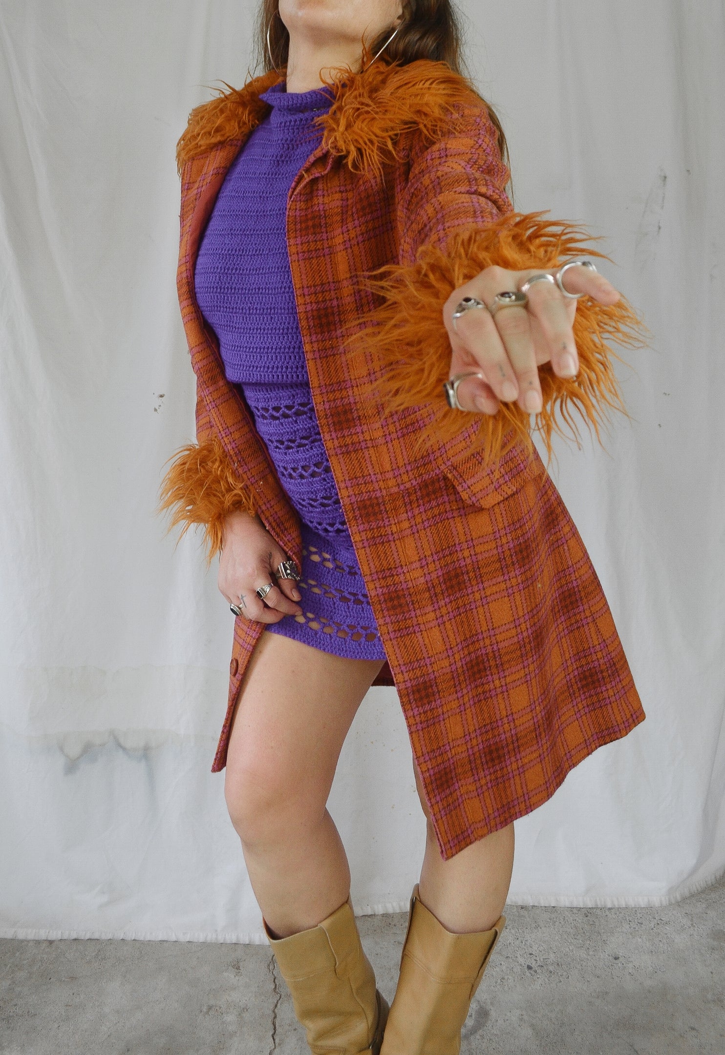 Vintage 1990s/00s Plaid Wool &  Faux Fur Coat