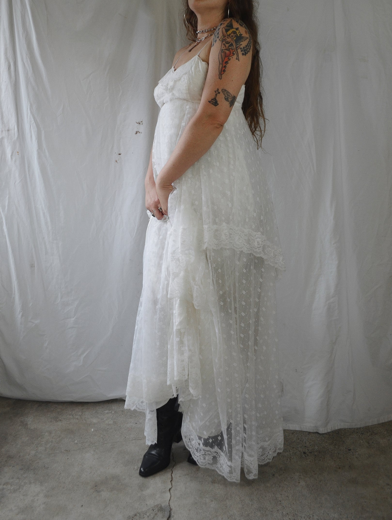 Vintage 1970s Lace Handkerchief Maxi Wedding Dress