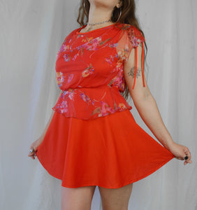 Vintage 1970s Red Floral Mini Dress