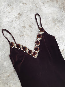 Vintage 1990s Brown Velvet 'Gerry Shaw' Rose Maxi Dress