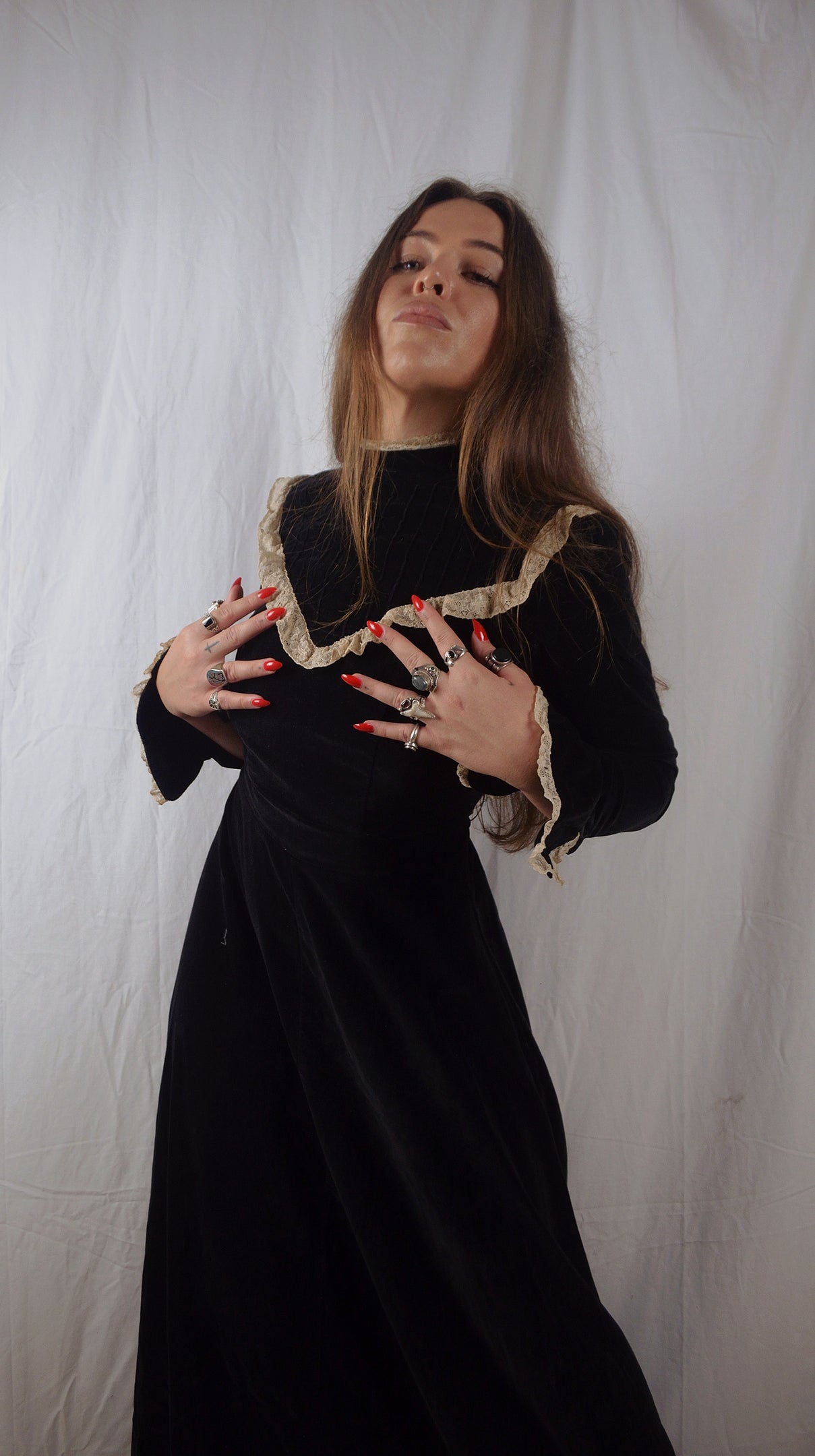 Vintage 1970s Black Cotton Velvet Edwardian Revival Maxi Prairie Dress