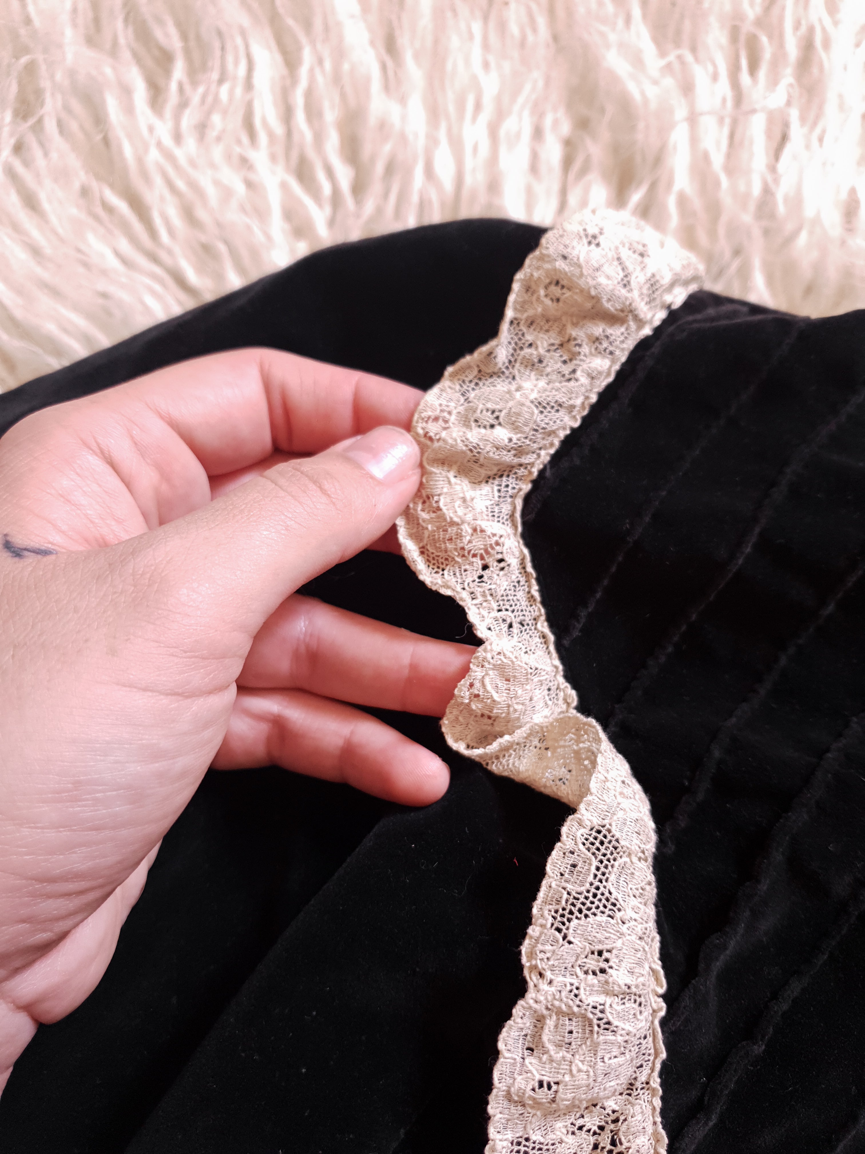 Vintage 1970s Black Cotton Velvet Edwardian Revival Maxi Prairie Dress